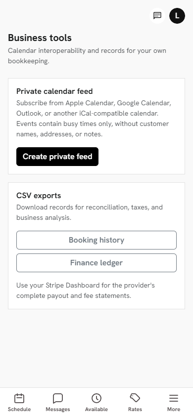 Cleaner business tools for a private calendar feed and CSV exports