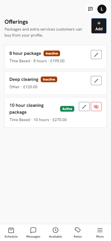 Cleaner offerings list with an active ten-hour package