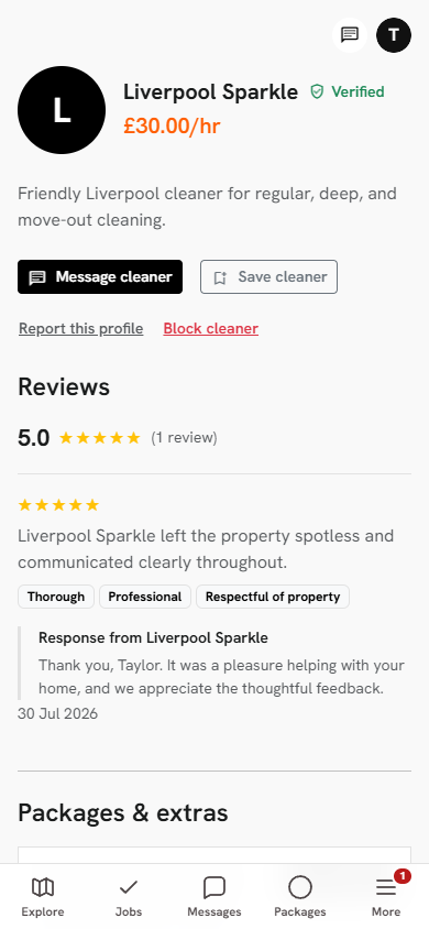 A verified cleaner profile with services and available times