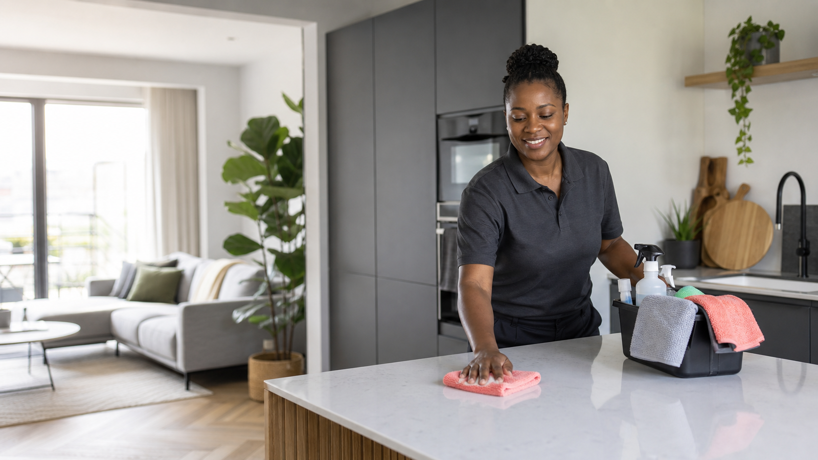 A professional cleaner preparing a bright modern home