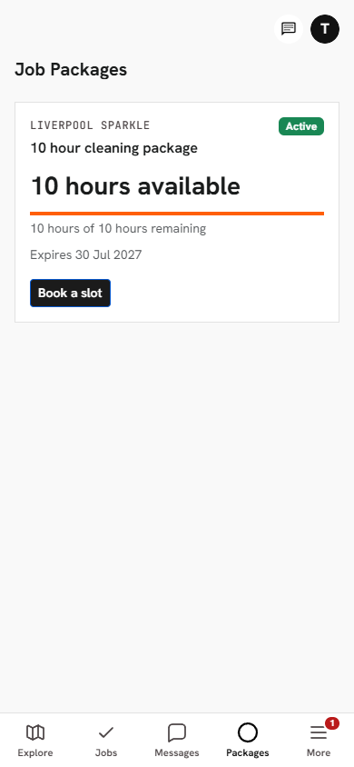 Customer package balance showing ten hours available