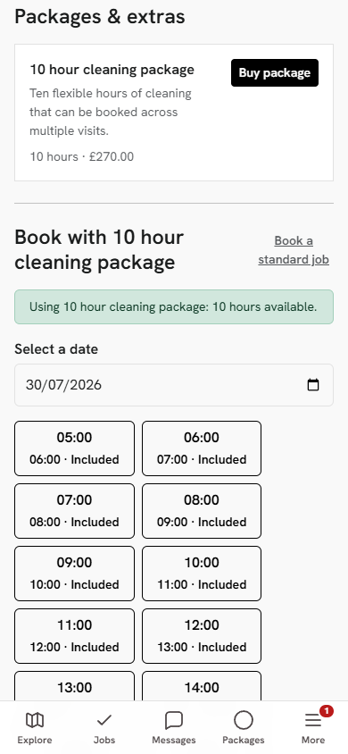 Customer choosing an available cleaning slot included in a package