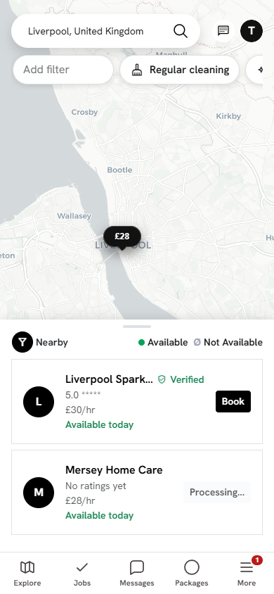 RentACleaner map showing nearby cleaners and prices