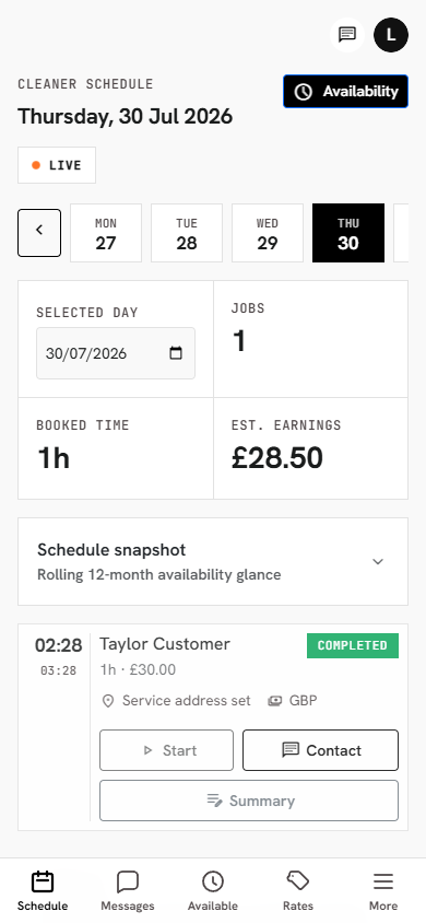 RentACleaner cleaner schedule showing bookings and daily earnings